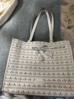 kate spade White Laser-Cut Leather Tote with Tassel Drawstring